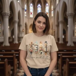 Beige Graphic T-Shirt with Religious Design